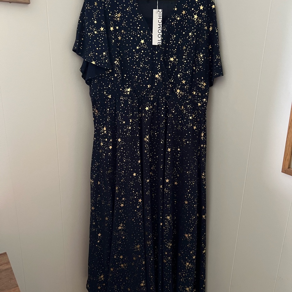 BloomChic Navy Dress with Gold Star Pattern